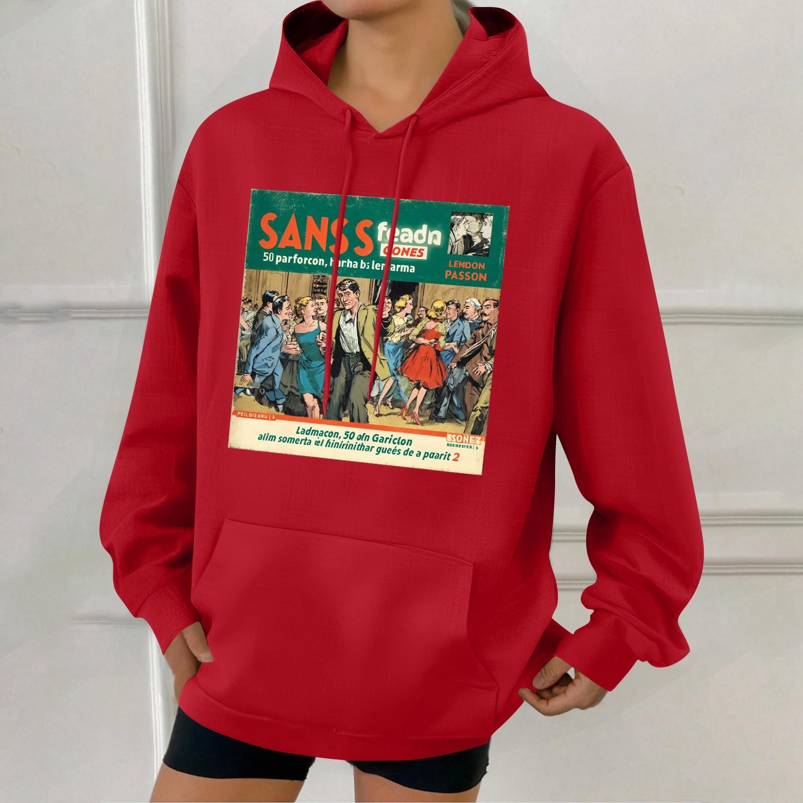 

Women s Fashion Retro Printed Casual Hooded Sweatshirt With Pockets L червоний