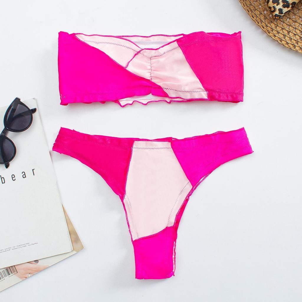 Dam axelbandslös Patchwork Tvådelad Bikini Set Split Triangle Baddräkt Badkläder