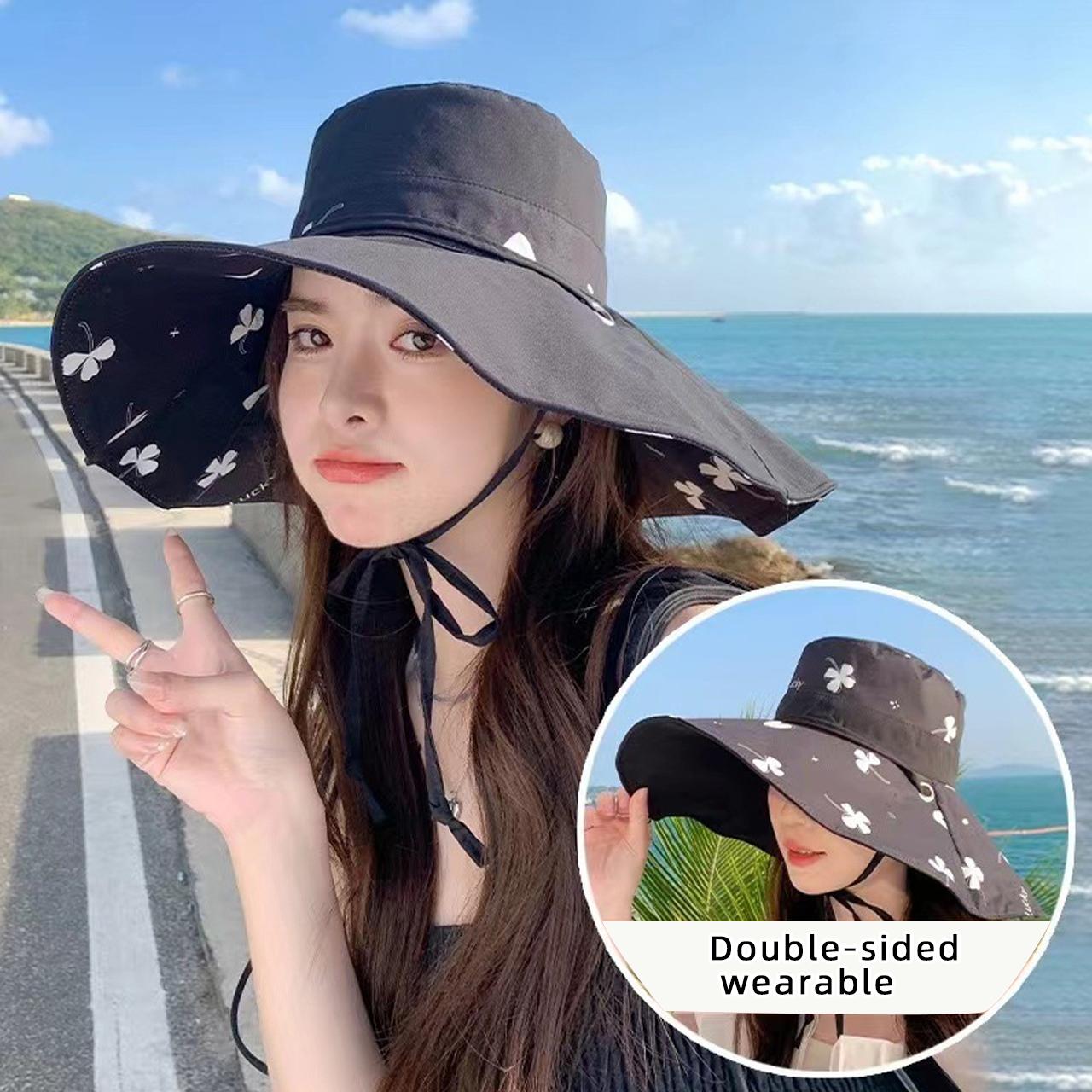 

Women Summer Sun Hat Fashion Reversible Print Fisherman Hats Large Brim Slimming Face Basin Cap Outings Beach Sunshade Visors one size чорний