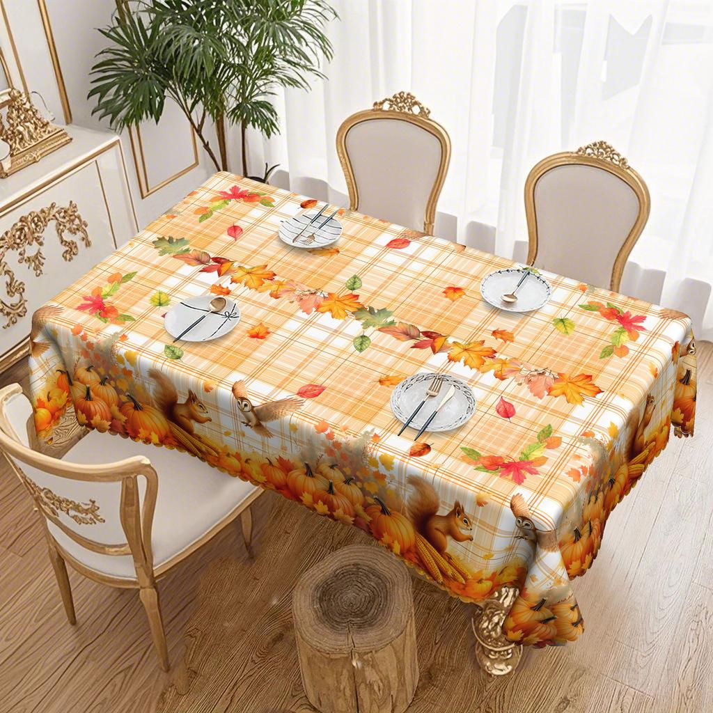 Pastoraler Herbst-Tischdecke, Kürbis, Eichhörnchen, Herbstlaub-Elemente Erhellen Die Esstisch-Atmosphäre Polyester Rechteckige Tischdecke