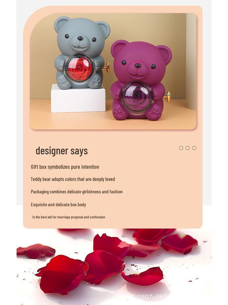 Teddy Bear Everlasting Flower Gift Box with Ring and Necklace