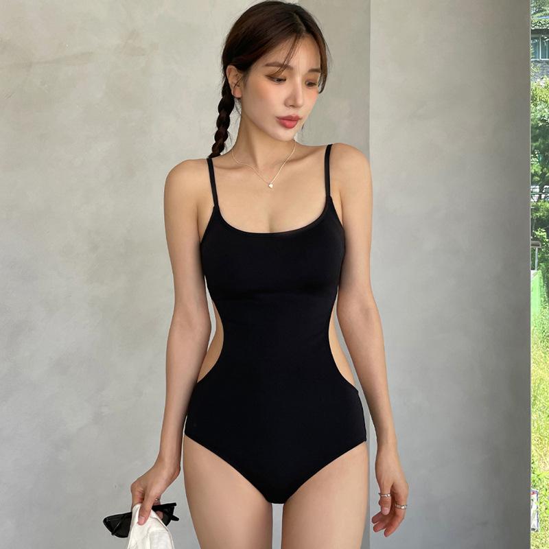 Direct sales one-piece solid color less swimsuit suspenders sexy small breasts gathered slim and thin swimsuit conservative M чёрный