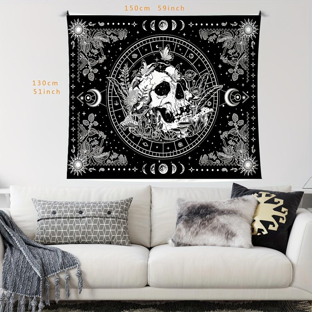 Dark Mysterious Skull Moon Phase Tapestry, Black White Astrology Wall Art for Bedroom Living Room Decor