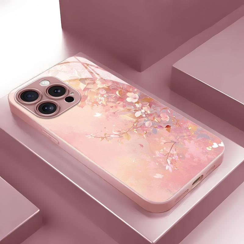 

Luxury Flowers Pattern Pink Metallic Paint Glass Hard Phone Case For iPhone 17 16 15 14 13 12 11 Pro Max 15 Plus 17Air 16E Cover iPhone 16 Pro