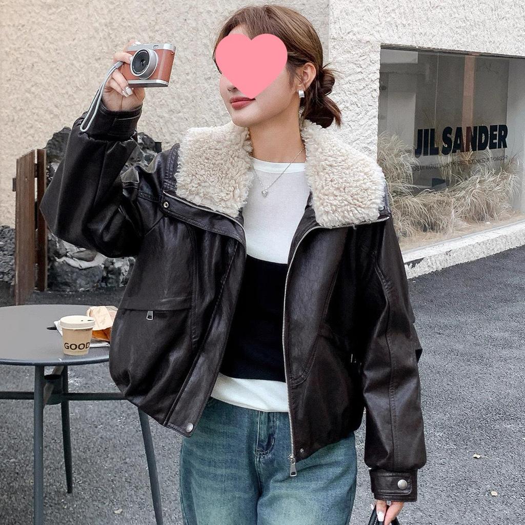 Women's Autumn/Winter 2025 Plus Velvet Plush Lapel Leather Coat - Warm, Thick, Loose, Slimming Cotton Jacket