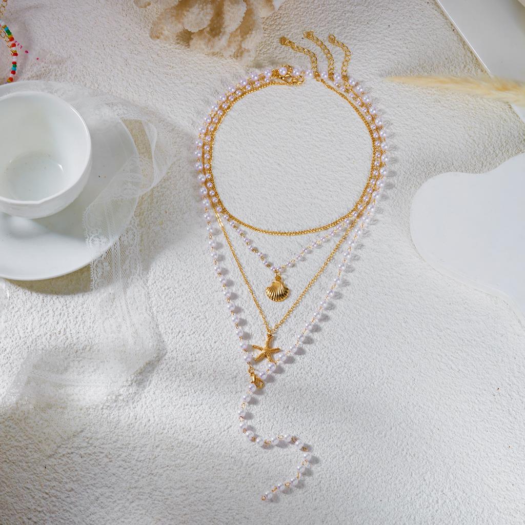 Summer Beach Style Layered Necklace For Women Blue Beaded Ceramic Fish Crab Starfish Shell Pearl Pendant Choker Vacation Jewelry