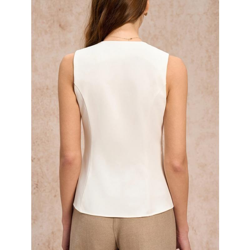 Women Crew Neck Sleeveless Waistcoat Vest Solid White Multi Button Slim Fit Office Blazer Top