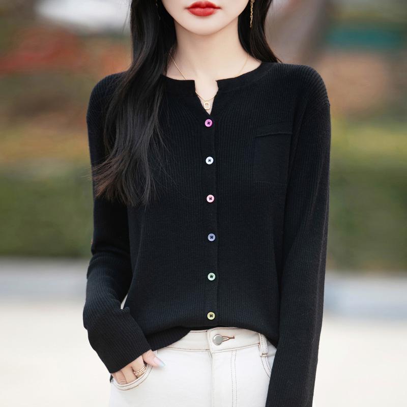 Spring New V-neck Knitted Cardigan, Solid-color Buttonhole Striped Loose and Versatile Top