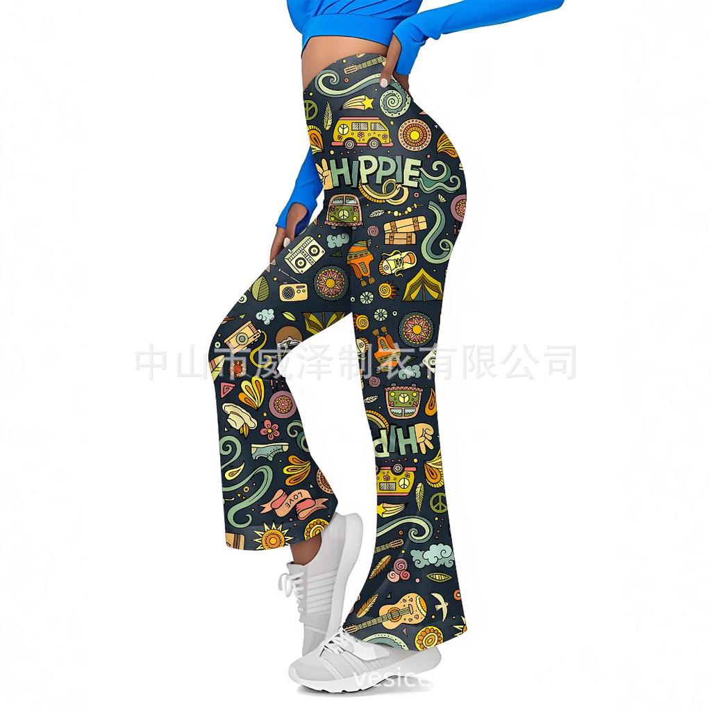 European and American Women's Floral Sexy High-waisted Slim-fitting Sports Flared Pants Women's Slim-fitting Trousers Casual Wholesale