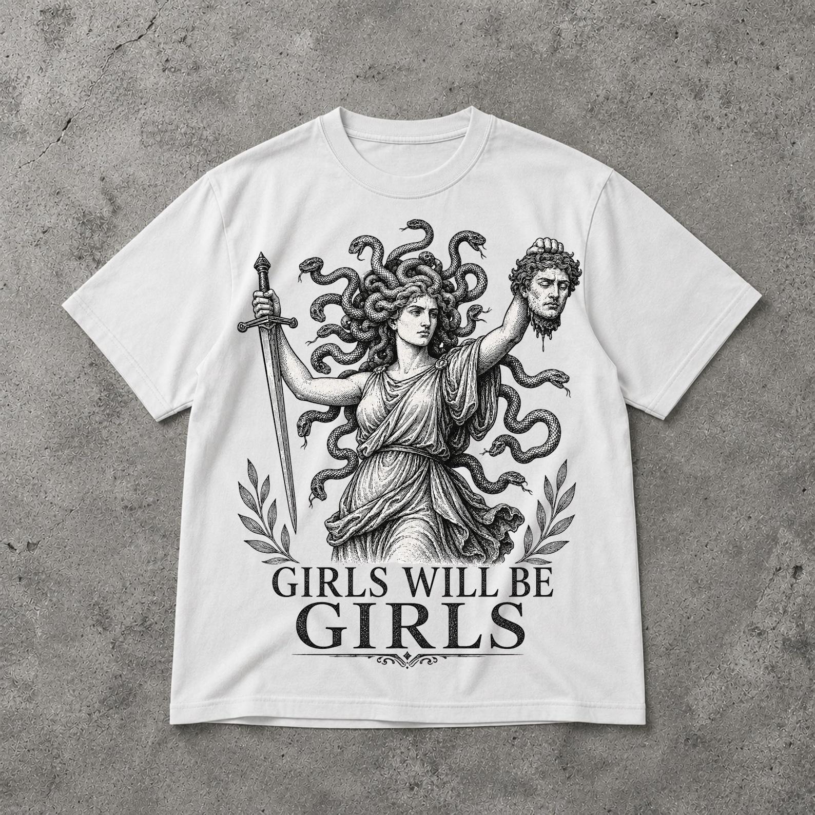 Girls Will Be Girls Medusa Graphic Tee, Feminist Greek Mythology Snake Goddess Shirt S