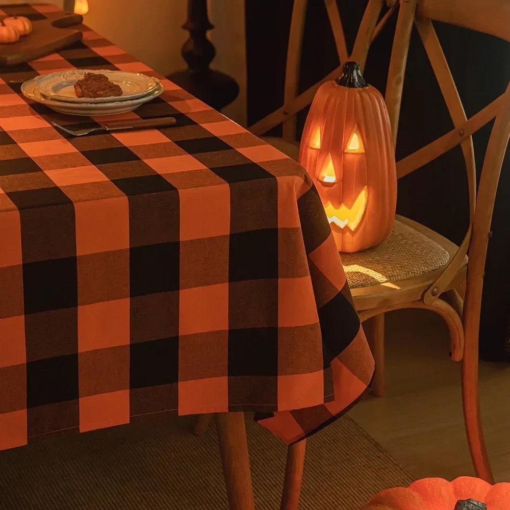 

Скатерть в клетку на Хэллоуин, домашний кухонный стол, украшение праздничной атмосферы, скатерть в клетку черного и оранжевого цвета, прямоугольные скатерти 100x140cm