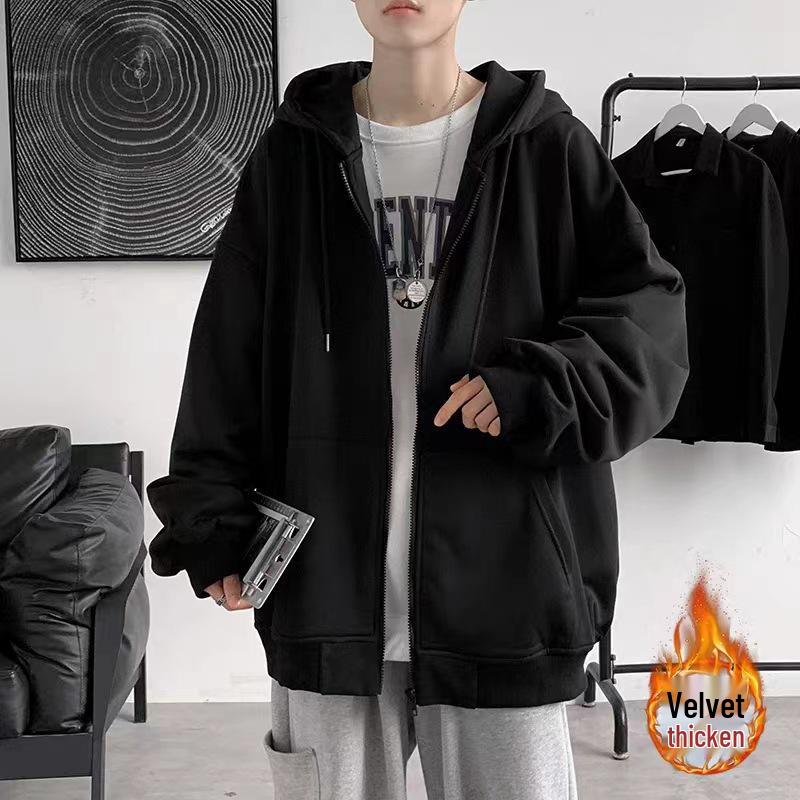 Unisex Trendy Loose Fit Casual Hooded Zip-Up Cardigan with Velvet Lining