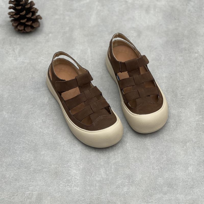 Johnature Жіночі повсякденні сандалі з натуральної шкіри з круглим носком, літні, з перфорацією, дихаючі, на м'якій підошві