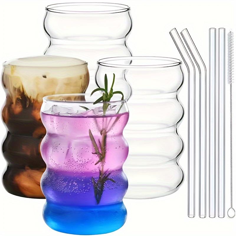 Lot de 4 tasses en verre Caterpillar avec pailles, tasses à eau en verre borosilicaté, tasses à café glacé, verres à boire pour jus, lait, thé et plus encore, été et hiver
