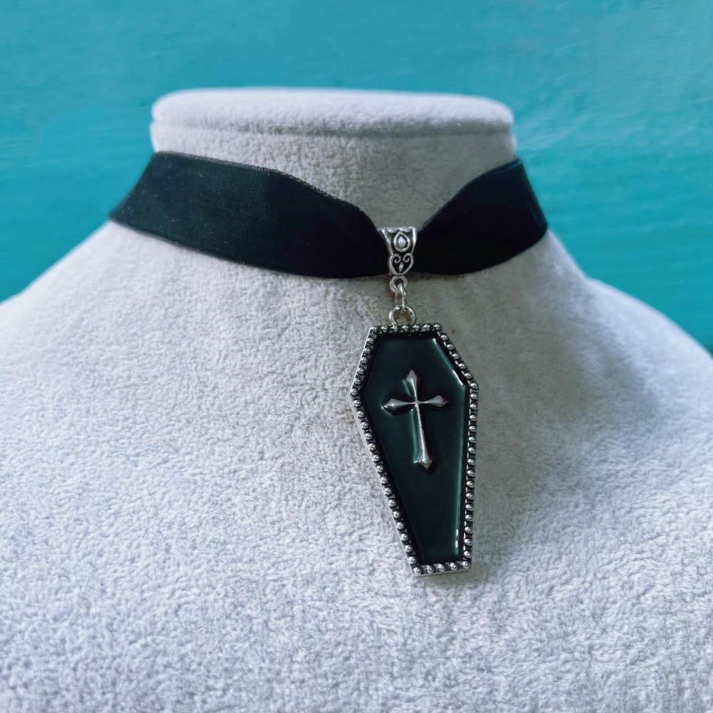 Gothic Silver Color Death Cross Red Dripping Glaze Coffin Pendant Velvet Necklace for Women Men Hallowmas Retro Fashion Jewelry