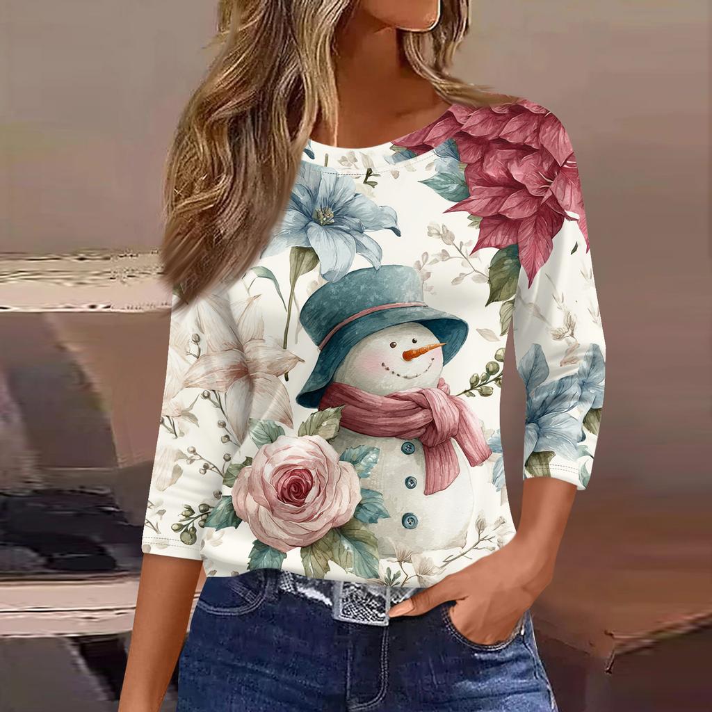 3/4 Length Sleeve Womens Tops Floral Print Vintage Fashion Casual Loose With Round Neck Plus Size Shirts