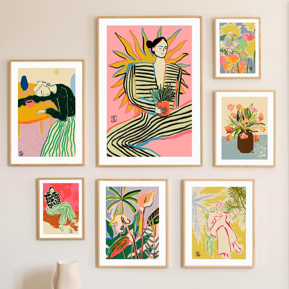 Abstract Line Stripe Girl Flower Leaf Colorful Wall Art Canvas Painting Posters And Prints Hotel Bar Pictures Indoor Room Decor