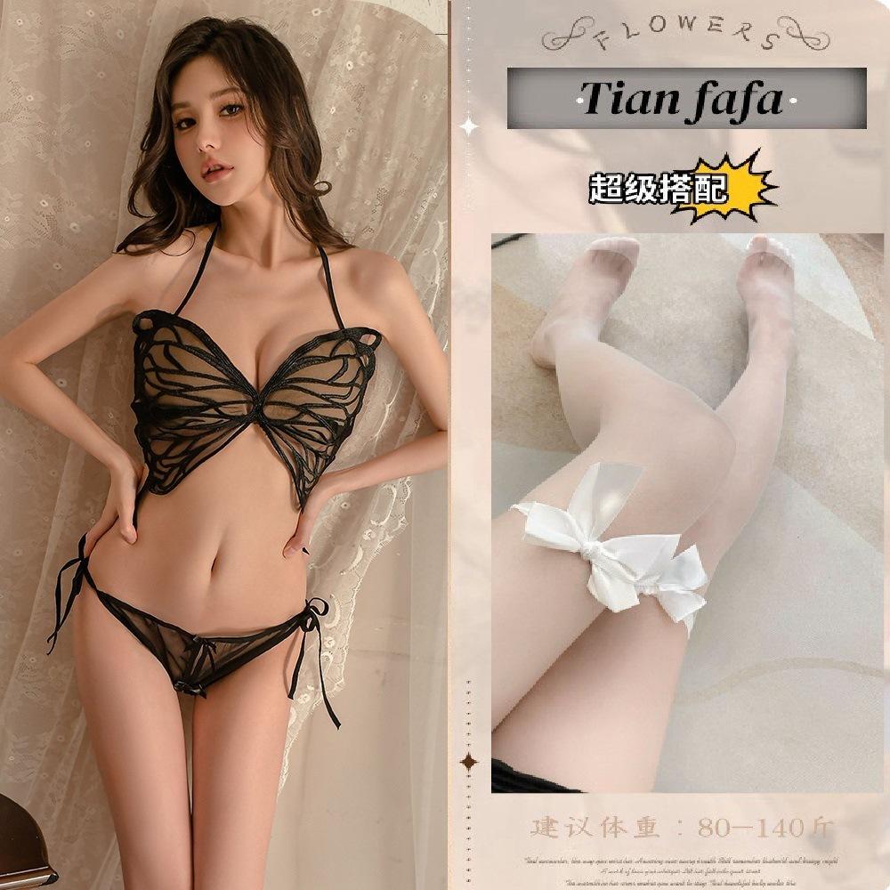 Sex underwear transparent mesh butterfly three-point backless free uniform suit flirting sex underwear women's free