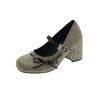 Vintage Mary Jane Shoes Women Spring New Versatile Bow Block Heel Temperament High Heels