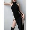 Goth Gothic Dress Cosplay High Split Sexy Bandage Women Dress Halter Slim Midi Dark Black Grunge Partywear