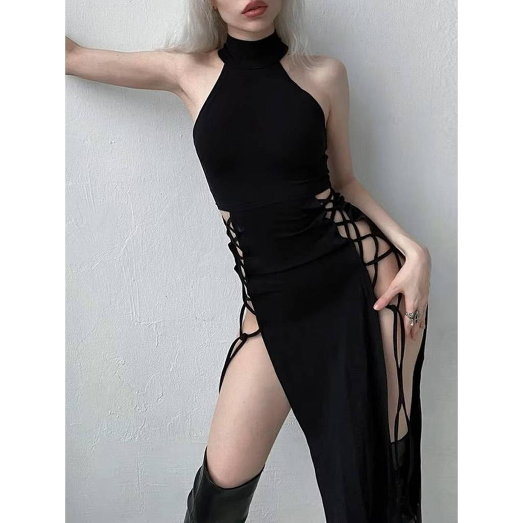 Goth Gothic Dress Cosplay High Split Sexy Bandage Women Dress Halter Slim Midi Dark Black Grunge Partywear