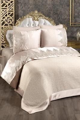 Diana Chenille Bedspread Set 6pcs, Coverlet 230x240, Bedsheet 230x240 Jacquard Fabric, Full Size, Double Size Beige