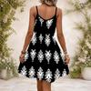 Women Plus Size Black White Printed V Neck Strappy Sleeveless Gathered Waist Flared Dress