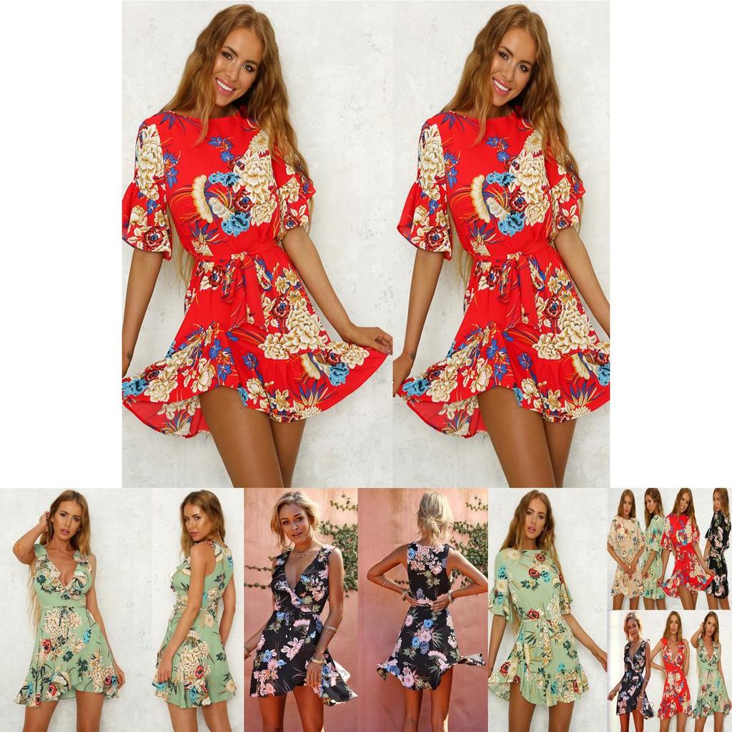 Stylish Womens Mini Ladies Dress Floral Print Ruffle V Summer Beach Sundress For Every Occasion