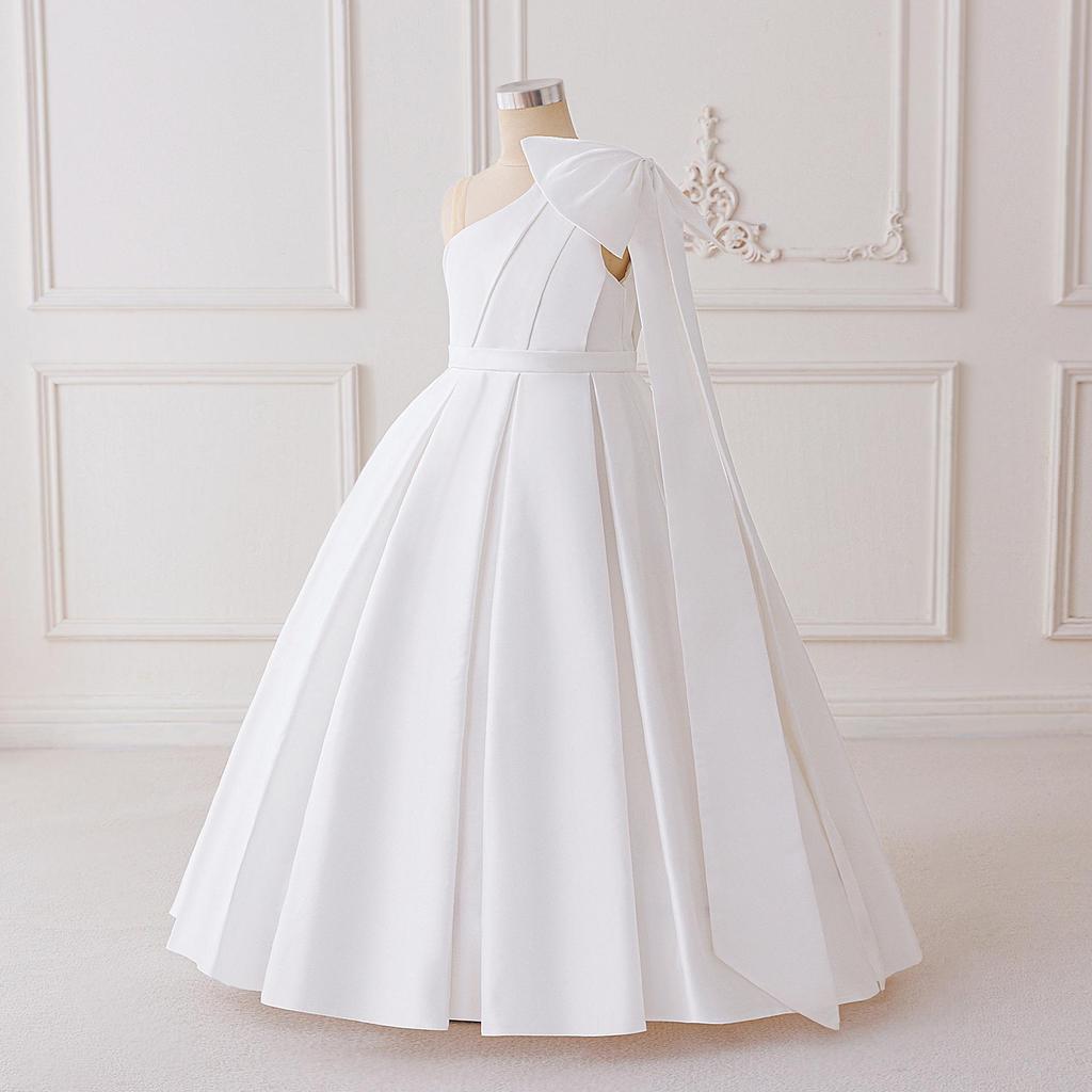 Big Kid One-Shoulder Satin Princess Dress with Bow - Formal Wedding & Runway Costume