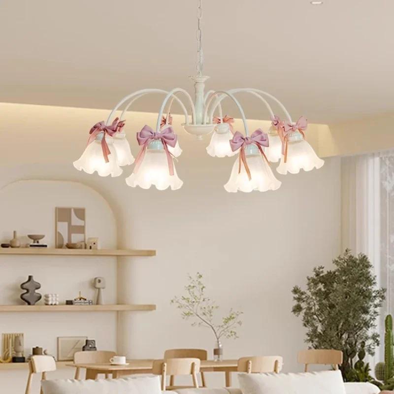 French design living room pendant light dining room romantic warm children's room pendant light sweet bow pink eye protection
