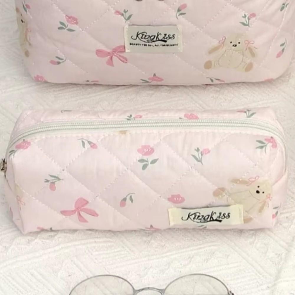 Fashion Bow Women Makeup Bag Large Capacity Multifunctional Cotton Quilted Zipper Bag Toiletries Handbag