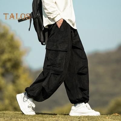 Men Cargo Pants Loose Solid Color Vintage Style Corduroy High Street Style Straight Wide Leg Multi Pockets Streetwear Outdoor Travel Trousers