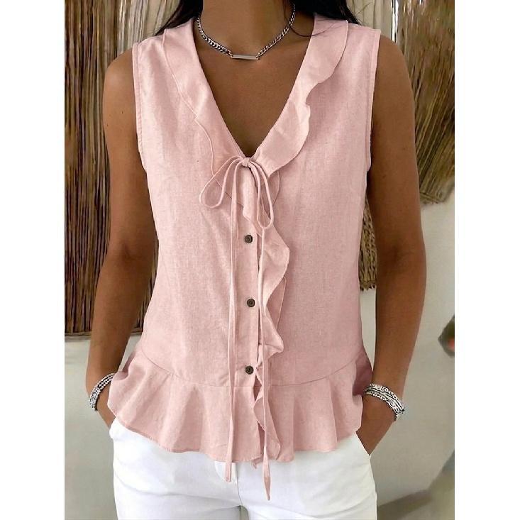 2026 Summer New V-neck Ruffle Trim Tie Sleeveless Top Women's Casual T-shirt
