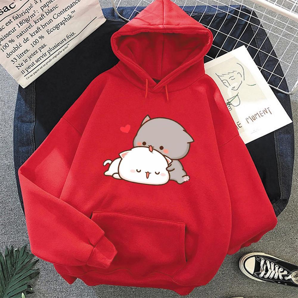 Pfirsich Katze Kawaii Nette Plus Größe Hoodies Warme Harajuku Übergroßen Sweatshirt Frauen Cartoon Winter Druck Pullover Lose Streetwear