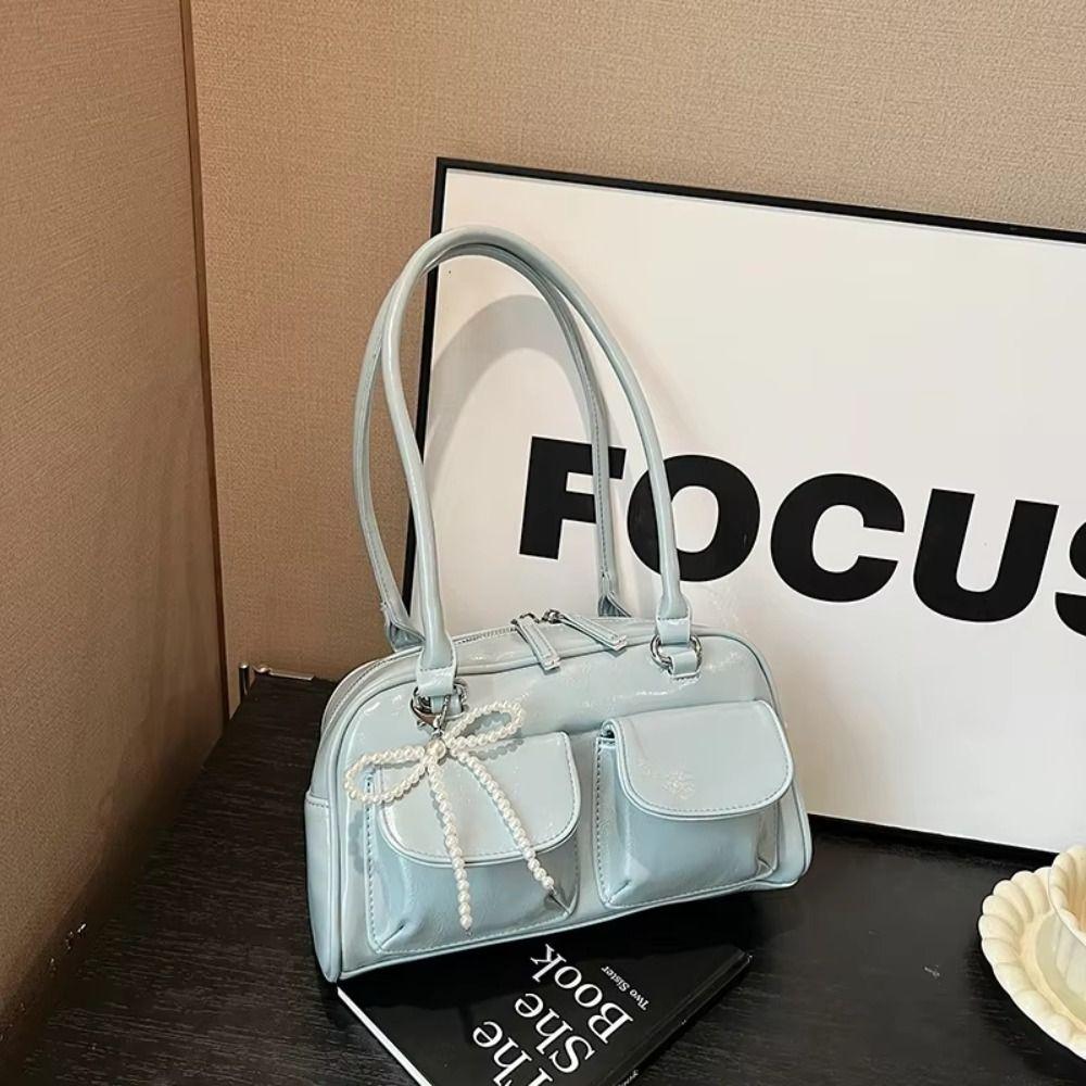 Solid Color Pocket Boston Tote Bag Korean Style Underarm Bag Temperament PU Bowling Bag  Travel