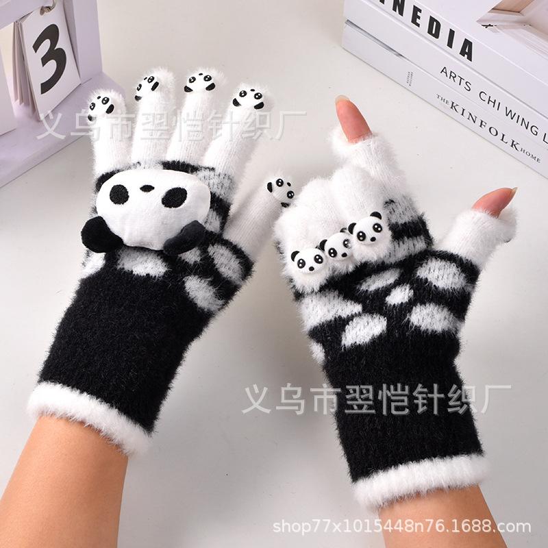 Gloves women's winter open fingers thickened warm male and female students writing cold-proof plush panda antifreeze gloves