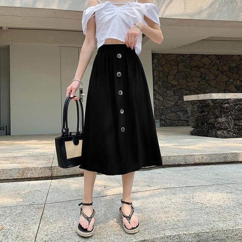 DIMANAF 2026 Summer New Plus Size Women Skirts Fashion Office Lady Style Pleated Long Skirt with Pockets Solid Black