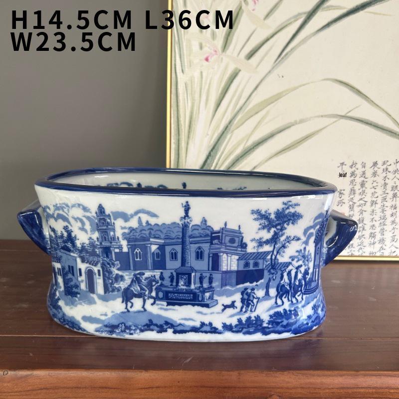 English Blue & White Porcelain Planter: Retro Ceramic Flower Pot for Balcony or Courtyard, Large Double-Eared Basin for Tree Planting