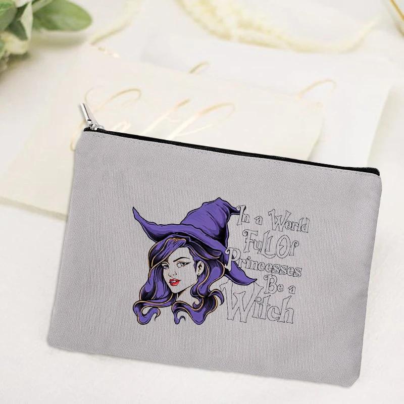 Witch Print Canvas Zipper Makeup Bag Witchcraft Women Travel Lipstick Bag Skincare Storage Organizer Pencil Case Cosmetics Bags