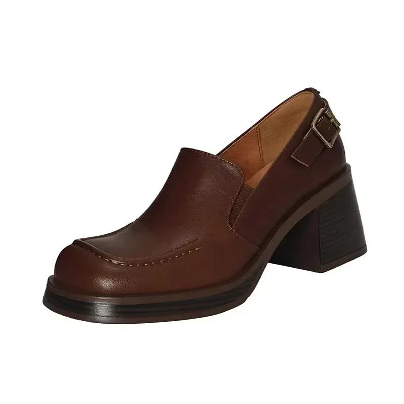 

Модные женские кожаные туфли в британском стиле 34-40 Новые квадратный носок толстая подошва толстый каблук удобные туфли для работы модные туфли на высоком каблуке 40 коричневый