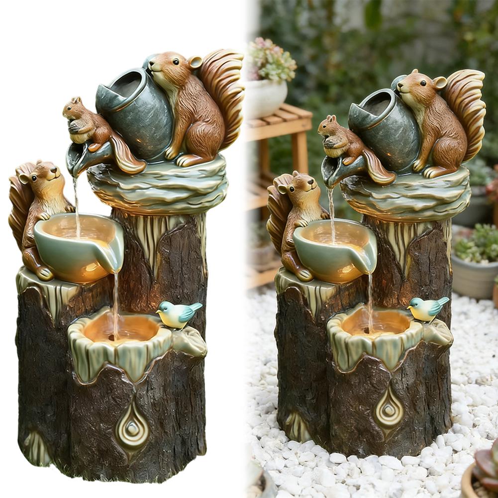Duck /Squirrel Fountain Ornament Garden Duck Family Statue Outdoor Yard Miniature With Light Garden Decor For Patio Balcony Lawn
