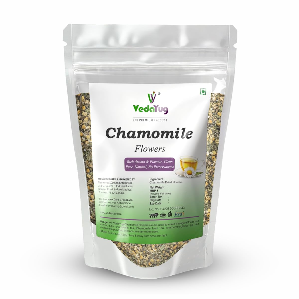 VY VedaYug Chamomile Flower Tea - 100gm | Pure Whole Flower Buds of Chamomile | Herbal Sleep Tea - Caffeine Free - Stress Relief - 100g
