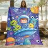 Space Themed Astronaut Aliens Flannel Blanket Multicolor Stars Planets On Deep Purple Background