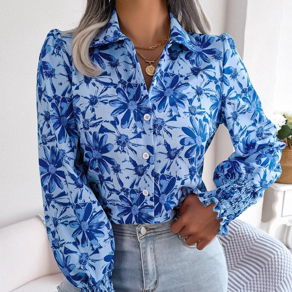 

GMXIA женские модные повседневные летние блузки с длинными рукавами с цветочным принтом и рукавами-фонариками, рубашки с контрастными цветами и цветами XL синий