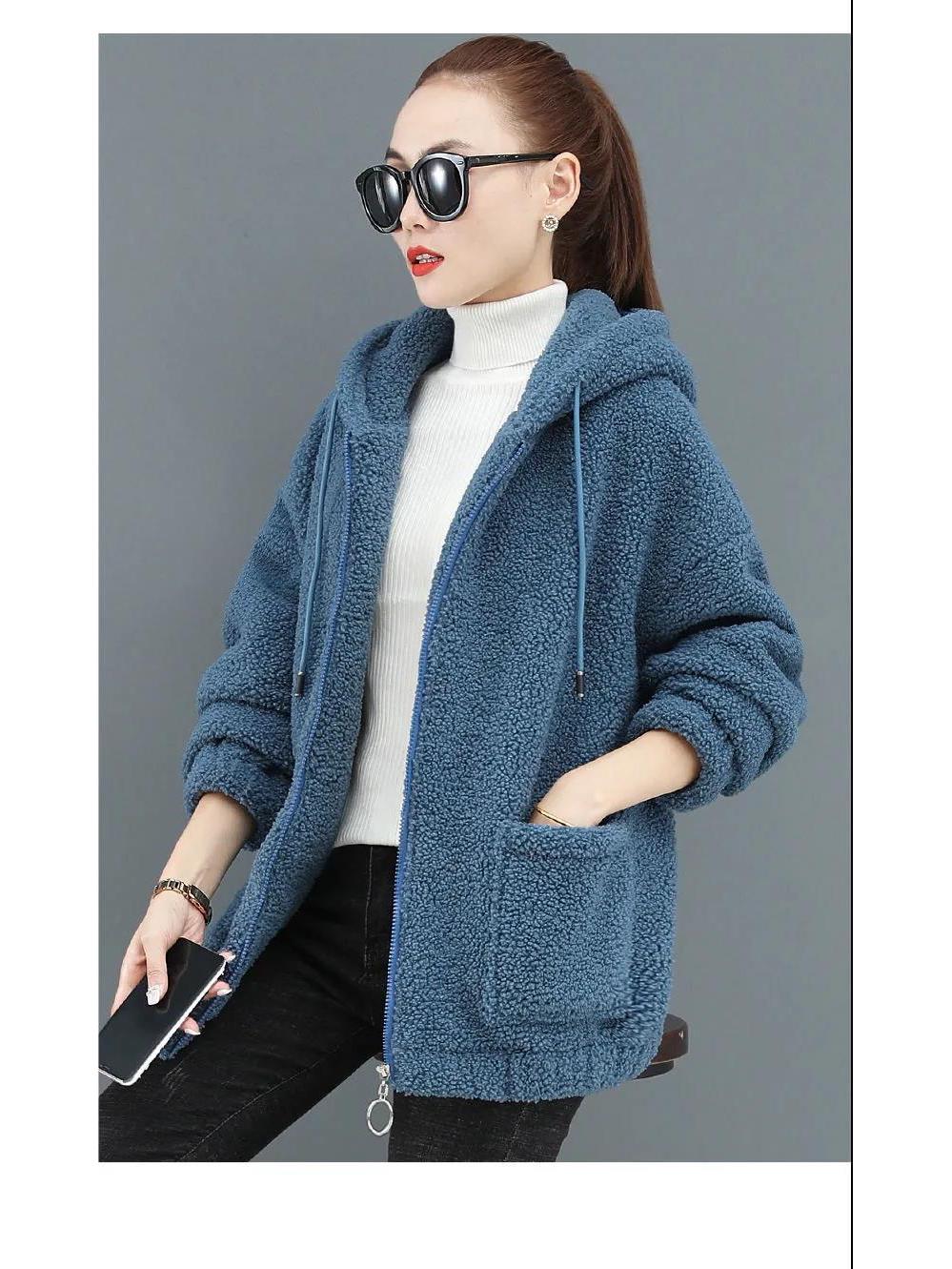 

Женская толстовка на молнии с подкладкой из овечьей шерсти – Свободный крой в корейском стиле, Осень/Зима 2020, Толстый тедди-флис. XL синий