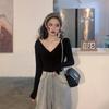 Fall Winter Women V Neck Solid Color Long Sleeve Pleated Knitted Bottoming Chic Sweater