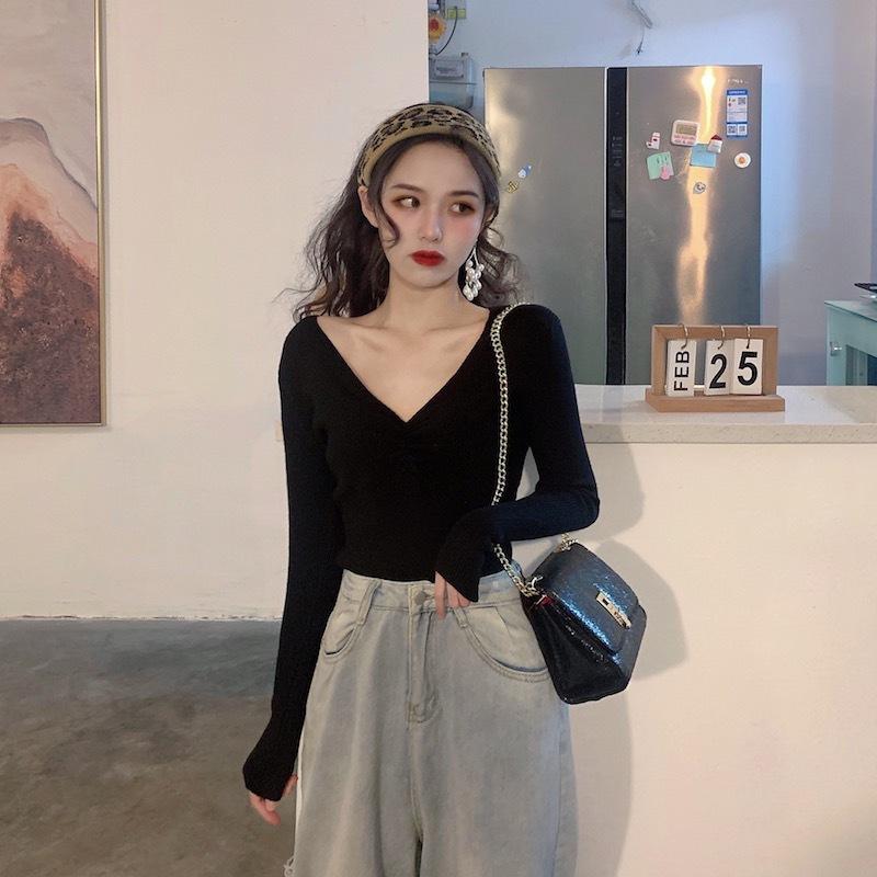 Fall Winter Women V Neck Solid Color Long Sleeve Pleated Knitted Bottoming Chic Sweater