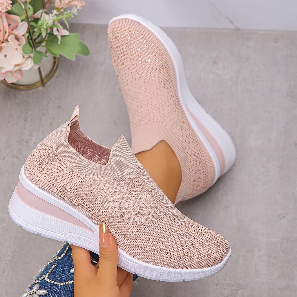 Rhineste Decor Wedge Sneakers for Women Breathable Knitted N Slip Running Shoes Woman Comfortable Slip White Sports Shoes