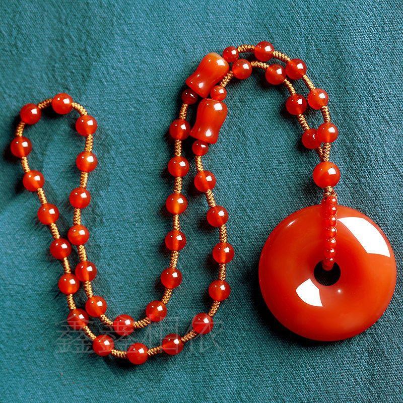 

GEMCHIC Women s Ethnic Red Agate Donut Pendant Necklace Long Tassel Sweater Chain Lucky Amulet Jewelry for Mom