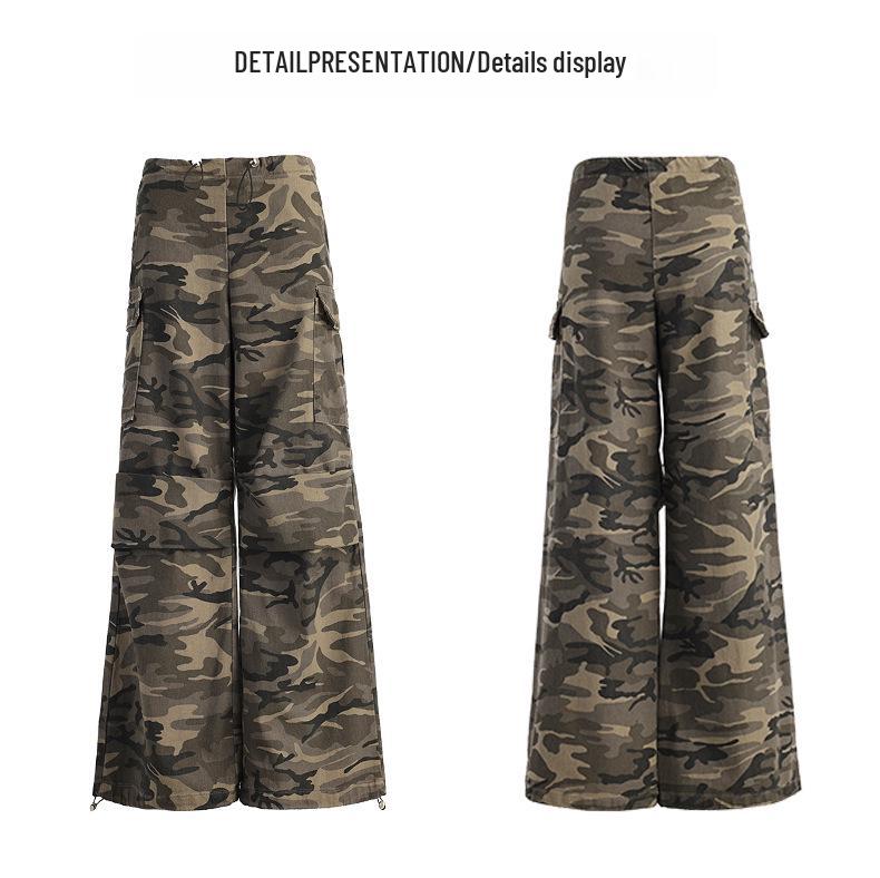 Women's American Camouflage Straight Cargo Pants - 2025 Spring/Autumn Collection, High-Waist Loose Fit Wide Leg.